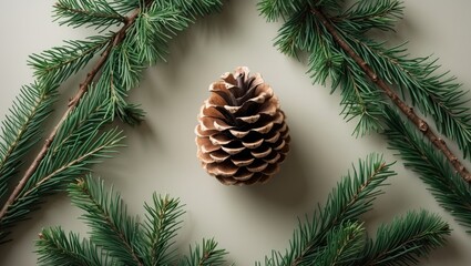 Creative flat lay of a Christmas tree using evergreen branches with negative space background.