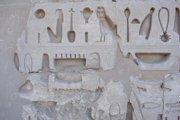Karnak Temple in Luxor, Egypt. Hieroglyphs and Art on pillars and walls. Temples, pylons, chapels, and other buildings in Karnak Temple Complex 