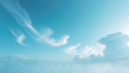 Bright summer scene featuring blue skies, clouds, and a white background