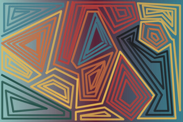 Geometric abstract pattern featuring overlapping and interconnected triangular shapes with thick, multi-colored outlines in shades of orange, yellow, teal, and red. 1970s retro colors are used