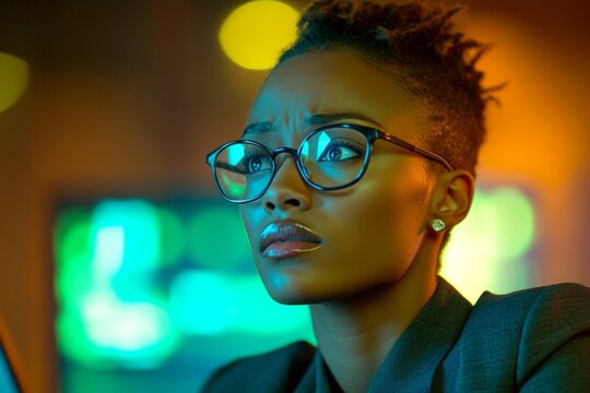 Concept art concept art of female computer expert, computer technologies. Statistics reflections in her glasses. Background is a dark room with computers. Cybersecurity specialist. - Powered by Adobe