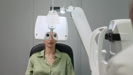 Medium shot of young woman testing eyesight on digital phoropter visiting eye specialists office while ophthalmologist determining eyeglass prescription on diagnostic ophthalmic machine