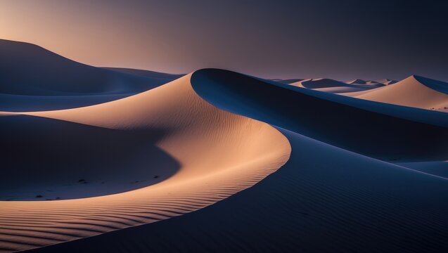 Morning light highlights abstract patterns in desert sand dunes featuring deep shadows.