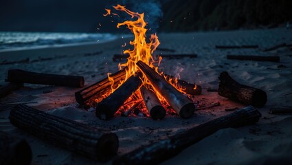 Beachside bonfire amid nature and warm glow