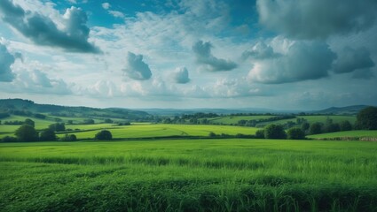 Fototapeta premium Rural countryside scene featuring vibrant green fields, colorful sky, and clouds in an evening setting