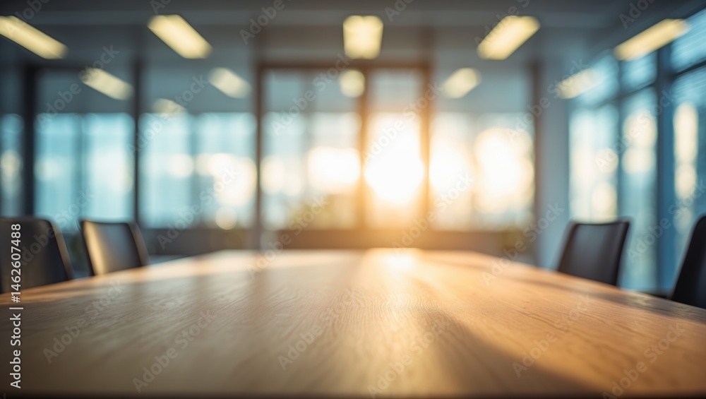 Poster sunlight with a blurred background highlighting the empty wooden table for product showcase