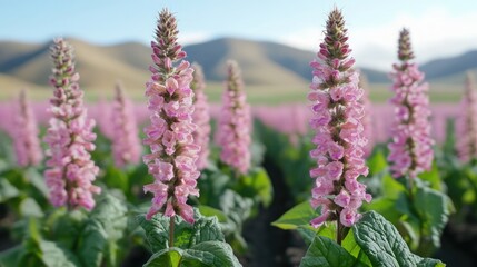 Obraz premium Rows of flowering tobacco plants on a large plantation with rolling hills