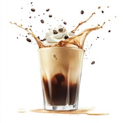 Iced Coffee with Whipped Cream and Coffee Beans Splash