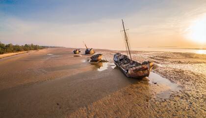 Abandoned rust ships on dry bottom