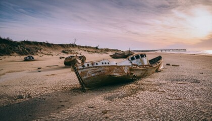 Abandoned rust ships on dry bottom