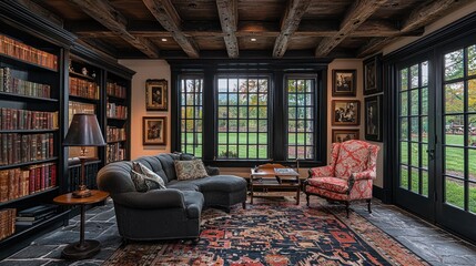 Naklejka premium Rustic library with cozy seating area