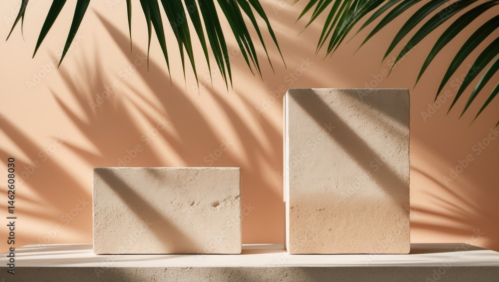 Poster modern display platform featuring product on a minimal background with palm leaves