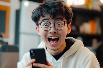 Surprised young man with glasses looking at his mobile device in amazement