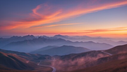 Fototapeta premium Hazy evening sky illuminated by sun glow and lustrous sunlight, panoramic peaceful landscape from Pass. Climate, environment, and travel concept.