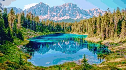 Serene mountain lake nestled in a pine forest