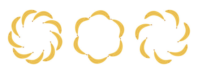 Playful vector set of three banana wreaths arranged in round shapes. Perfect for food themed designs, tropical party invitations, summer decor, packaging and children's illustrations.
