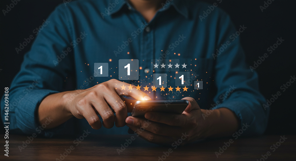 Poster man using smartphone with digital star rating feedback and satisfaction review interface overlay rea
