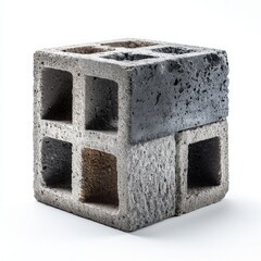 A concrete cube, stacked and assembled, with five visible openings, showcasing the interplay of texture and design. Its raw, industrial aesthetic offers a minimalist and geometric visual.