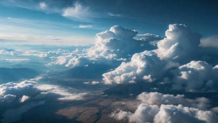 Scenic aerial view of majestic mountains, fluffy clouds, and vibrant skies capturing nature's beauty from above