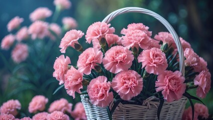 Soft-lit pink carnations arranged in a basket