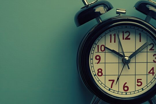 Black alarm clock on teal background, showing specific time.  Clock face with red numbers, hands indicating a precise moment, vintage aesthetic - Powered by Adobe
