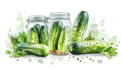 Freshly Pickled Cucumbers in Glass Jars