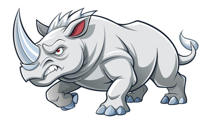 Obraz premium Grumpy white rhinoceros mascot character moving forward with intense expression isolated on a white background for branding.