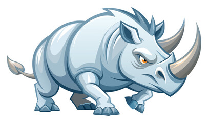 Obraz premium Strong cartoon rhinoceros with white-blue coloring and large horns standing ready to charge isolated on a white background.