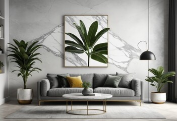 Living room with grey sofa and marble walls