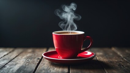 Wooden table featuring a red mug filled with hot, steaming coffee