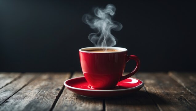 Wooden table featuring a red mug filled with hot, steaming coffee - Powered by Adobe