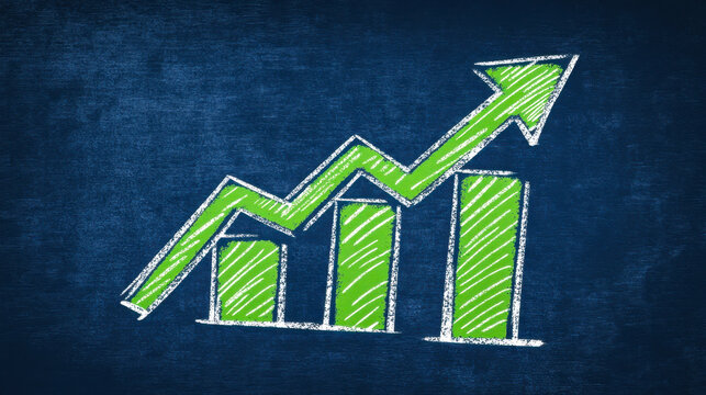 Infographic-style icon of declining bars and green downward arrow on navy background