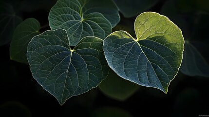 Close-up of several heart-shaped leaves in shadow and light.