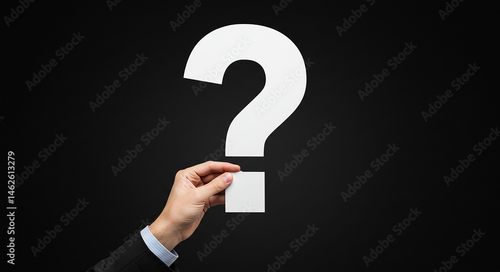 Poster a hand holding the bottom part of a question mark against a dark black background in a studio shot r
