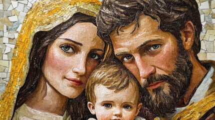 Holy family mosaic depicting mary, joseph, and baby jesus