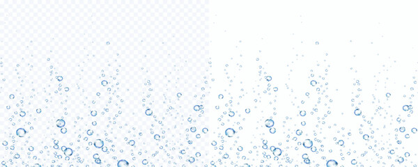 Bubbles underwater texture isolated on transparent and white background. Vector blue air, gas or oxygen under water. Realistic fizzy drink, soda effect