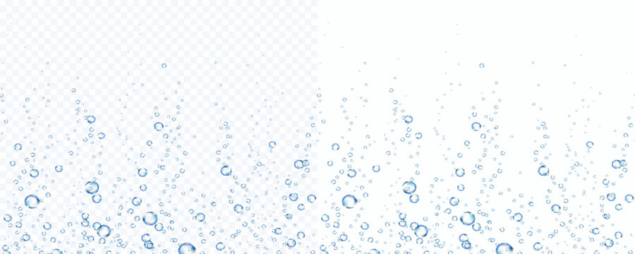 Bubbles underwater texture isolated on transparent and white background. Vector blue air, gas or oxygen under water. Realistic fizzy drink, soda effect