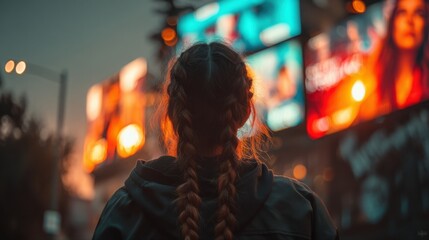 Fototapeta premium A woman, viewed from behind, with braided hair gazes towards vibrant city lights during dusk, amidst the urban glow.
