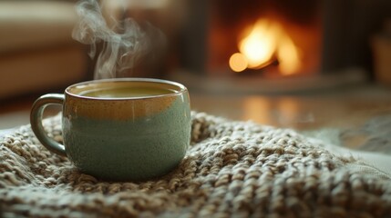 A steaming cup of coffee warms the scene as it sits on a cozy knitted blanket in front of a fireplace, creating a sense of comfort and relaxation.