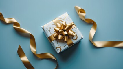 Overhead shot of a gift box opened at the top with room for text on holiday-themed background