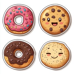 Fototapeta premium A delightful collection of cartoon cookies and donuts, each with a cheerful expression and unique topping. The colorful and playful designs bring a touch of fun to any project. 