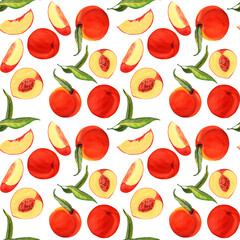 Seamless watercolor pattern with ripe peaches and green leaves. Perfect for summer fabric, packaging, kitchen decor, stationery, and digital paper.