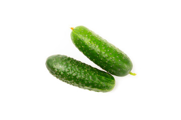 Cucumber isolated on white background. Slice of cucumber on white background. Fresh organic green cucumbers. Vegan. Ingredient for salad. Farm vegetables.