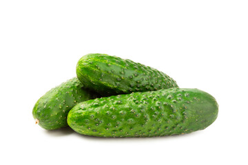 Cucumber isolated on white background. Slice of cucumber on white background. Fresh organic green cucumbers. Vegan. Ingredient for salad. Farm vegetables.