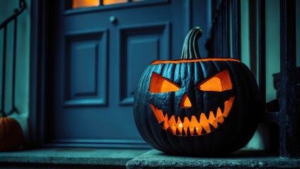 Autumn Halloween night with a horror carved pumpkin lantern illuminated by candles at the front door