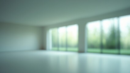 Fototapeta premium Minimalist modern office space with open design, natural sunlight, and a blurred background emphasizing tranquility.