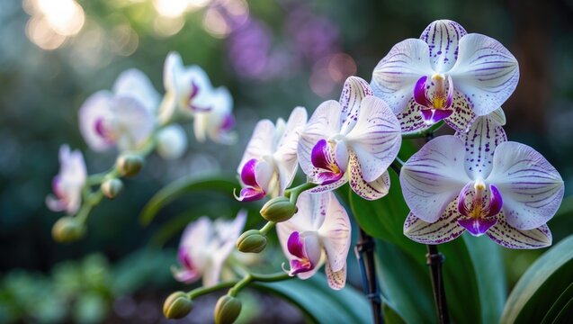 Elegant Vanda Orchid Flowers with White and Purple Dots in a Tropical Garden Setting