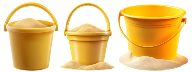 yellow beach buckets with sand cut out element set	 