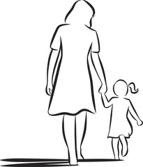 A Minimalist Line Art Silhouette of Mother and Daughter Walking Hand-in-Hand – Joyful Family Moment on White Background, a silhouette of a mother and baby girl