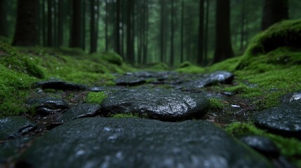 Fototapeta premium Mossy path in a dark forest